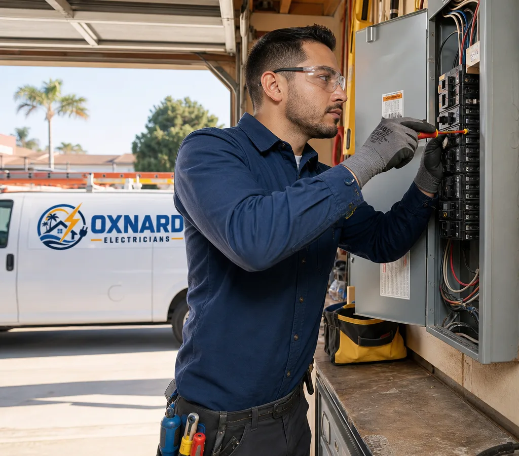 Licensed electrician troubleshooting a labeled residential electrical panel in an Oxnard garage
