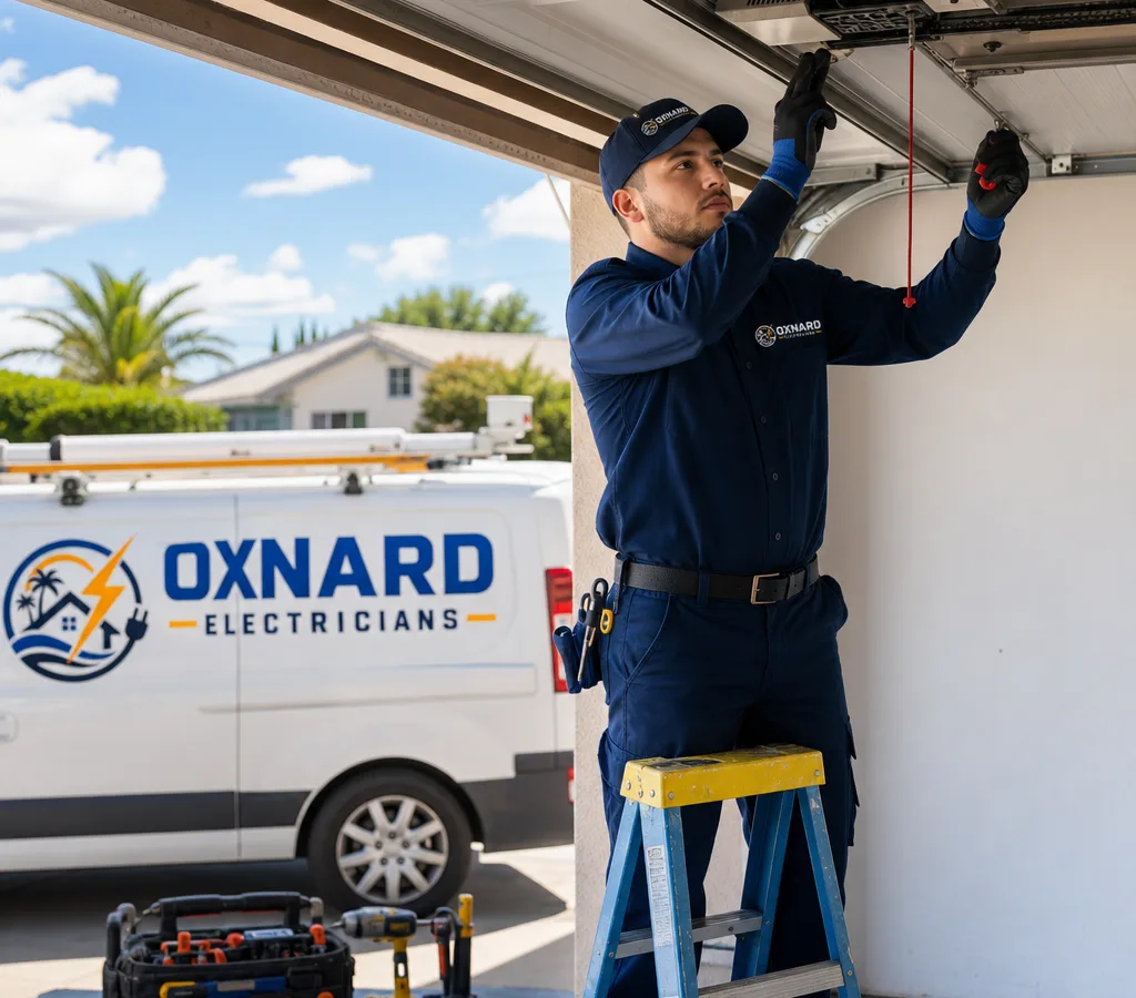 Technician inspecting a residential garage door opener, springs, and photo-eye safety sensors in Oxnard