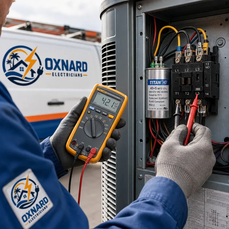 Technician safely testing a condenser capacitor and contactor with a multimeter
