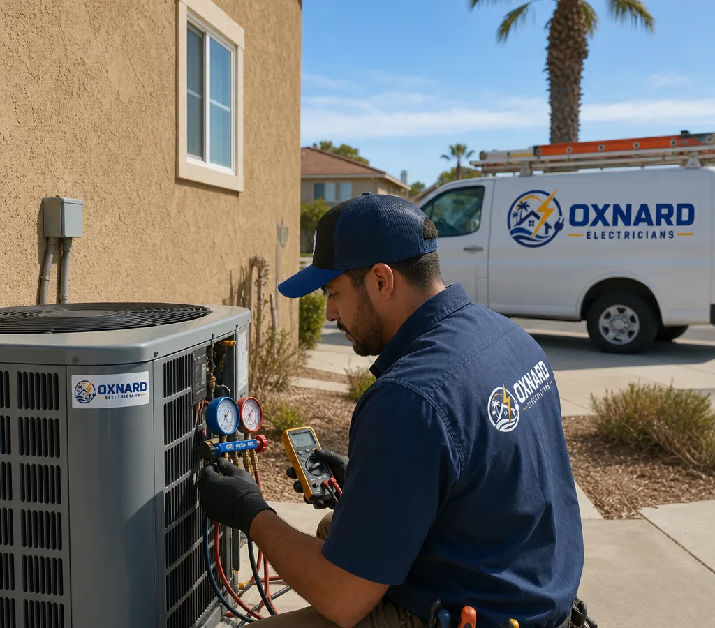 Technician diagnosing a residential outdoor condenser in Oxnard using gauges and a multimeter