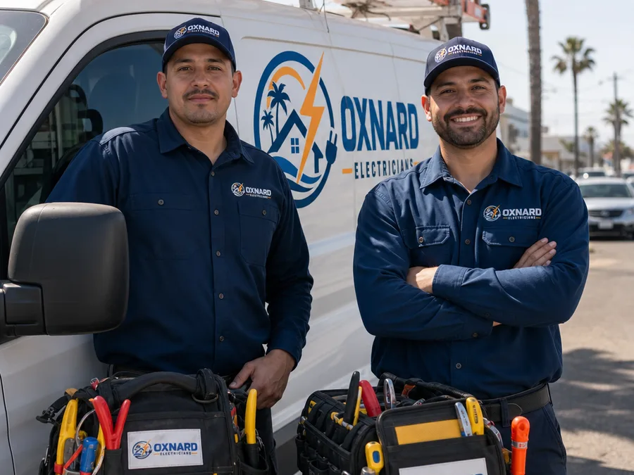 Two uniformed Oxnard electricians beside a service van with organized tools and safety gear